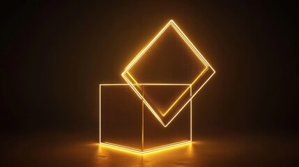 Abstract Golden Neon Lights Geometric Shapes Cube and Diamond in Dark Background 3D Render