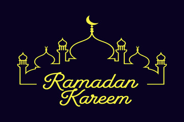 Ramadan Kareem typography vector illustration. Template design for ramadan banner, wallpaper, flyer, poster, sticker, card. Islamic background golden design with mosque.