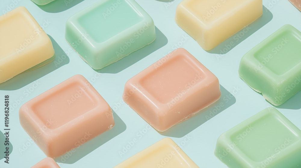 Poster pastel dreams: a vibrant and minimalist pattern of rectangular soap bars in soft pastel shades, arra