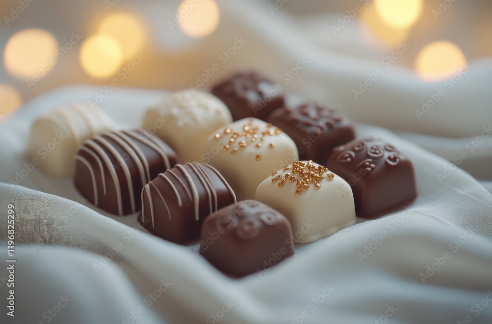 Poster assorted gourmet chocolates on soft fabric with beautiful bokeh background for elegant dessert theme
