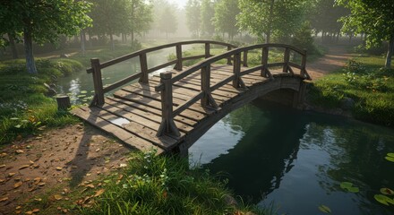 Fototapeta premium Serene wooden bridge over peaceful forest stream in morning light