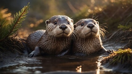 Obraz premium Two otters playfully interacting in a serene natural setting.