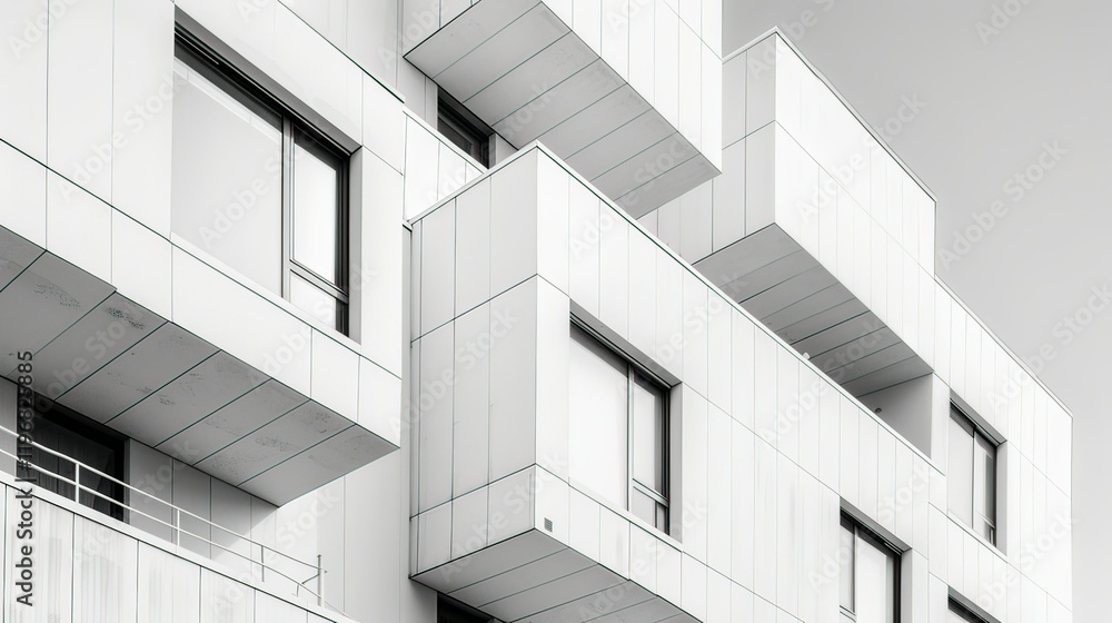 Poster a minimalistic white building with geometric shapes and sharp edges.