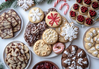 Fototapeta premium Assorted Holiday Cookies and Treats Spread on a White Tablecloth Surrounded by Festive Decorations and Colorful Candy Canes for Celebratory Atmosphere