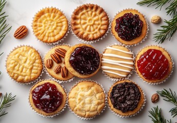 Assorted Homemade Pastries with Fruit Fillings and Nuts Arranged on a Light Marble Surface Surrounded by Sprigs of Fresh Evergreen Foliage and Natural Elements