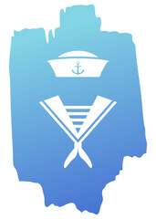 Logo nautical. Silueta de uniforme de marinero con gorro y pañuelo en trazo de pincel de pintura azul