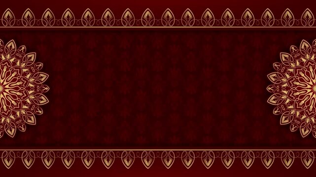 Gold border ornaments and mandalas move slowly on a red background