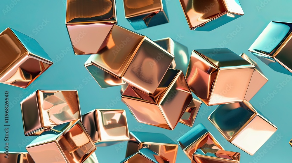 Poster a 3d render of geometric cubes in metallic tones, floating in space.