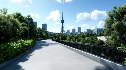 Fototapeta premium City Park Pathway with Tower View