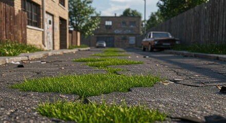 Vibrant green grass growing through cracked urban road in sunlit alley