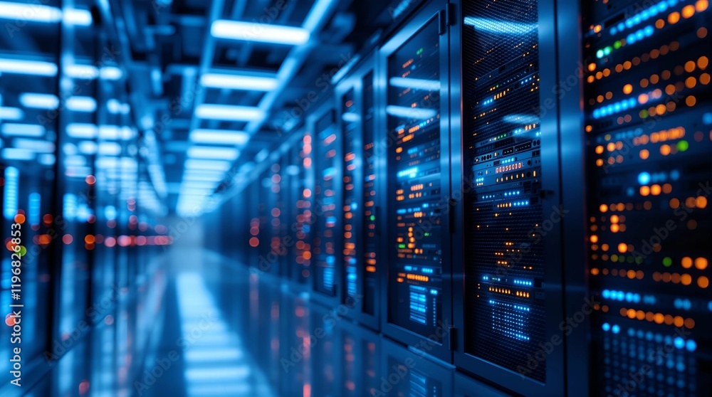 Poster future of data management: modern led console in a server center