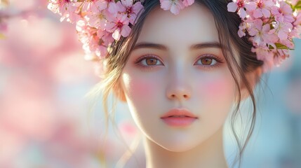 Fototapeta premium Graceful woman embodies the spirit of spring with a floral crown, surrounded by blooming cherry blossoms in a tranquil outdoor setting at midday