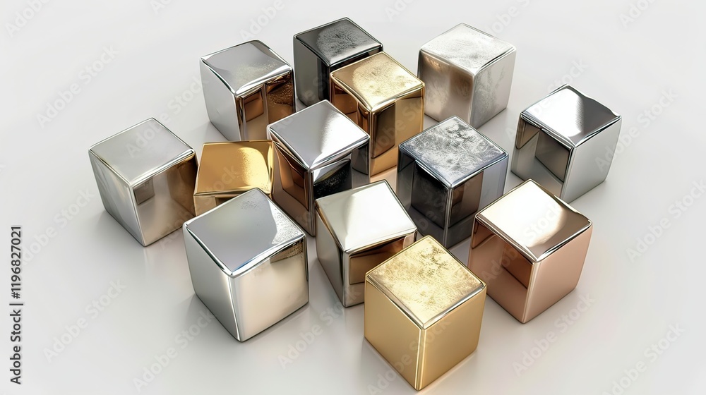 Poster a 3d render of geometric cubes in metallic tones, floating in space.