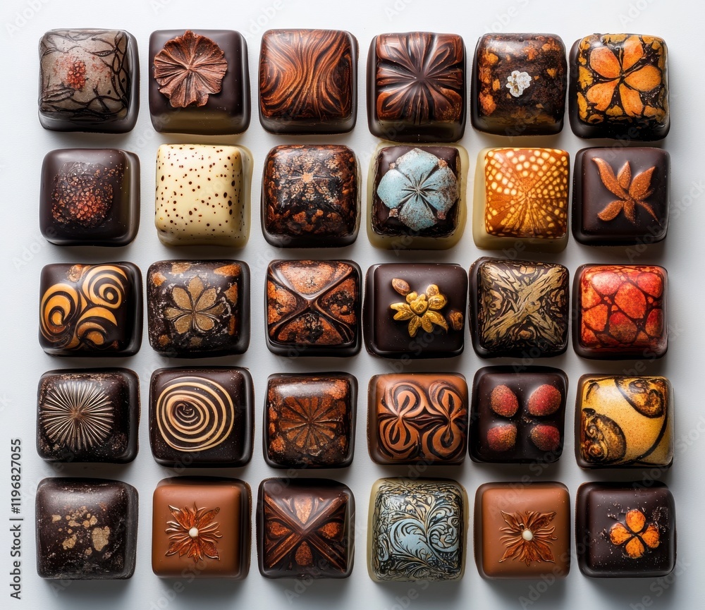 Poster assortment of artisan chocolate pieces displayed in an intricate pattern on a white surface creating