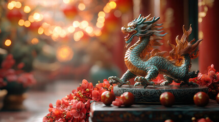 dragon statue with cherry blossom background and beautiful red lantern for Chinese New Year event, Lunar New Year