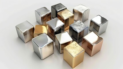 A 3D render of geometric cubes in metallic tones, floating in space.