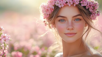 Fototapeta premium Spring blossoms highlight a serene moment with a young woman in a floral crown, radiating natural beauty amidst a field of pink flowers