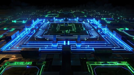A futuristic circuit board glowing with blue and green lights.