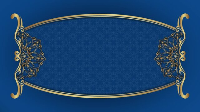 The golden frame moves, the mandala embosses slowly on a blue background with a pattern