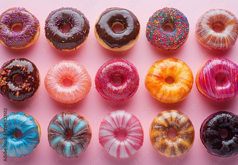 Poster assortment of colorful doughnuts with various toppings and glazes on pink background suitable for fo