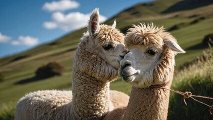 Obraz premium Two friendly alpacas nuzzle in a lush green landscape under a blue sky.