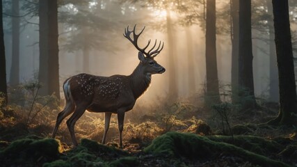 A deer stands gracefully in a misty forest, illuminated by soft sunlight filtering through trees.