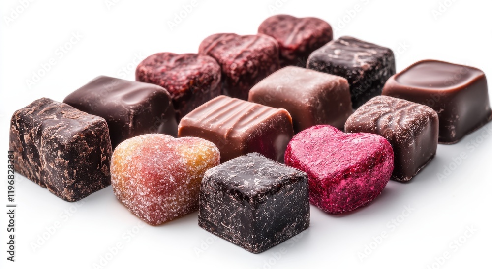 Poster assortment of heart-shaped and square chocolates in various flavors and colors arranged on a white b