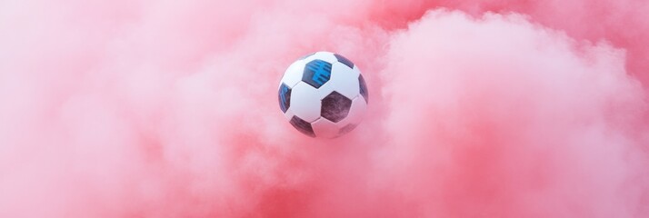 Soccer Ball Mid-Air in Vibrant Pink Clouds, Soccer Ball and Joyful Festivity at Holi Festival