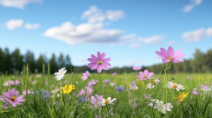 Fototapeta premium A vibrant field of wildflowers under a blue sky with clouds.