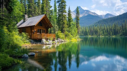 Naklejka premium Serene Lakeside Log Cabin Getaway: Mountain Vista and Tranquil Waters