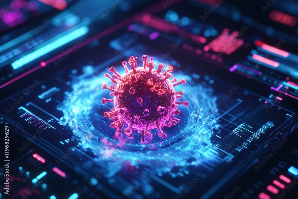 Poster glowing virus hologram displayed on digital interface highlighting virus and medical data visualizat