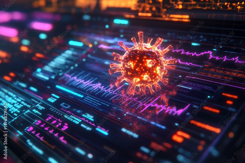 Poster Virus Awareness in a Digital Interface Holographic Virus Model and Virus Data Visualization with Neon Accents Highlighting Health Awareness and Virus Prevention