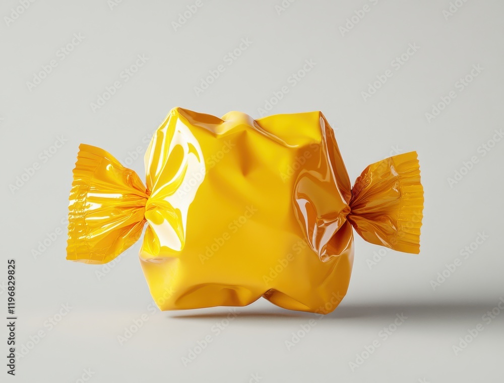 Poster bright yellow crinkled candy wrapper with twisted ends displaying glossy surface and textured detail
