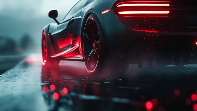 close-up shot of car tyre, mid-drift on a sharp turn in thick smoke swirling from tires. with copy space on the side