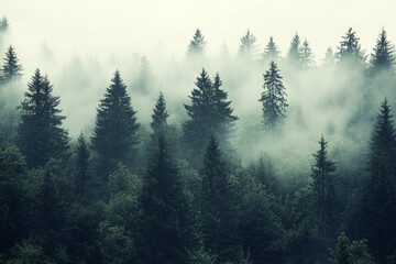 Obraz premium Misty landscape with mountains and dark moody fir forest in hipster vintage retro style