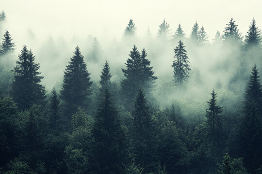 Misty landscape with mountains and dark moody fir forest in hipster vintage retro style