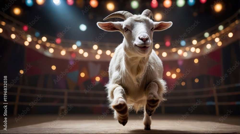Poster a joyful goat leaps in a vibrant circus-like setting with colorful lights.