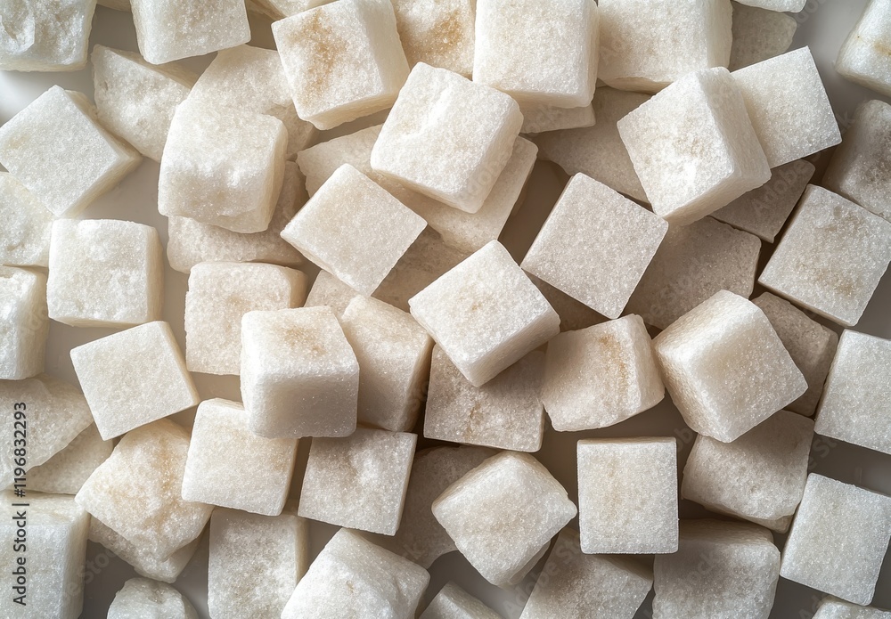 Poster close-up view of white sugar cubes spread across a surface, capturing the texture and brightness of 