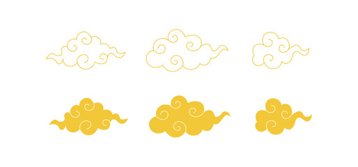 Chinese traditional clouds set. Linear oriental ornament elements. Line art and silhouettes. Vintage style. Background, pattern, banner, icon. Vector isolated on white.
