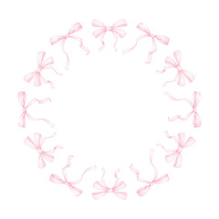 pink bows. Watercolor round frame on white background for textile, wrapping paper. Cute children's illustration in pastel colors
