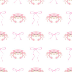 pink crab, bow. Watercolor seamless pattern in pastel colors for textile and wrapping paper. Cute watercolor seafood illustration