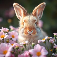 Obraz premium Adorable bunny rabbit amidst pink flowers.