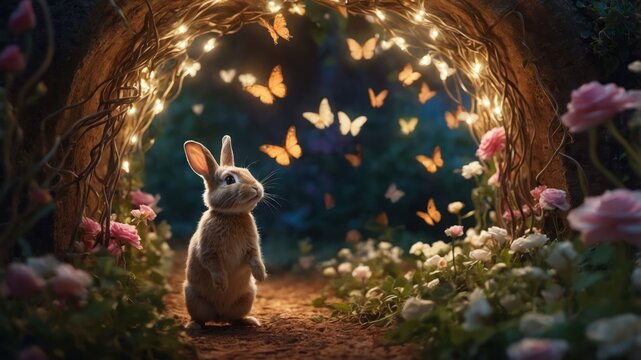 A serene rabbit stands in a magical tunnel adorned with butterflies and blooming flowers.