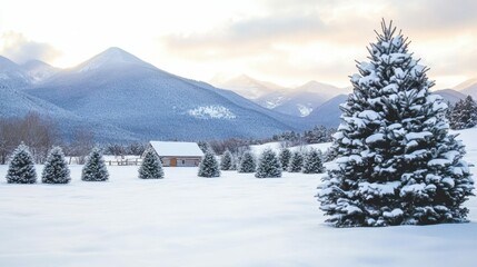 Whimsical holiday scene with snow-draped christmas tree farm amidst majestic mountains