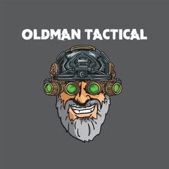vector illustration of oldman use tactical millitary helmet with night vision binoculars