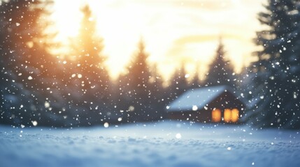 Naklejka premium Cozy winter cabin scene at a christmas tree farm with falling snowflakes