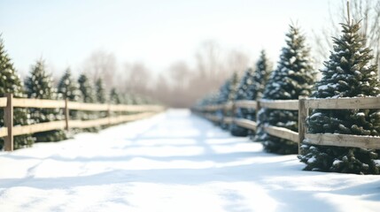 Whimsical christmas tree farm with wooden fence and snowdrifts