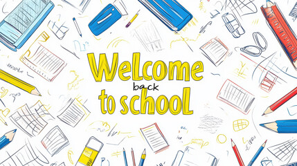 A creative and colorful illustration of school supplies like pencil