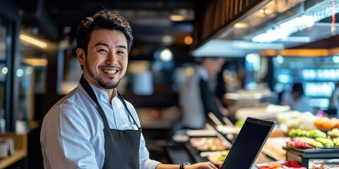 Cheerful customer support agent assisting in modern restaurant digital tools urban setting professional environment