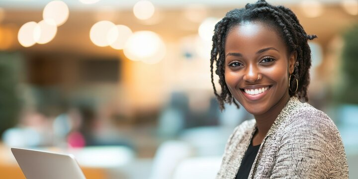 Smiling customer support agent working on laptop in modern office space professional environment positive atmosphere